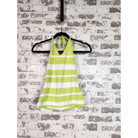 No Boundaries Tops - Vintage Y2k Halter Top Medium Green Striped Knit Summer Resortwear Beach Coastal